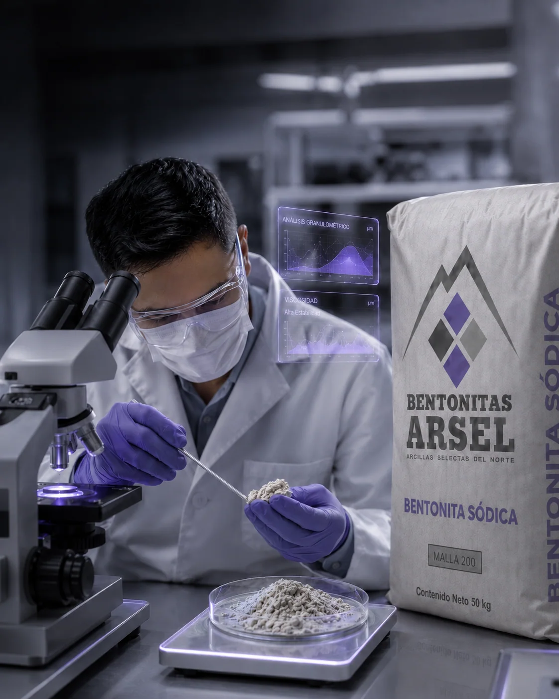 Especialista analizando bentonita sódica en laboratorio